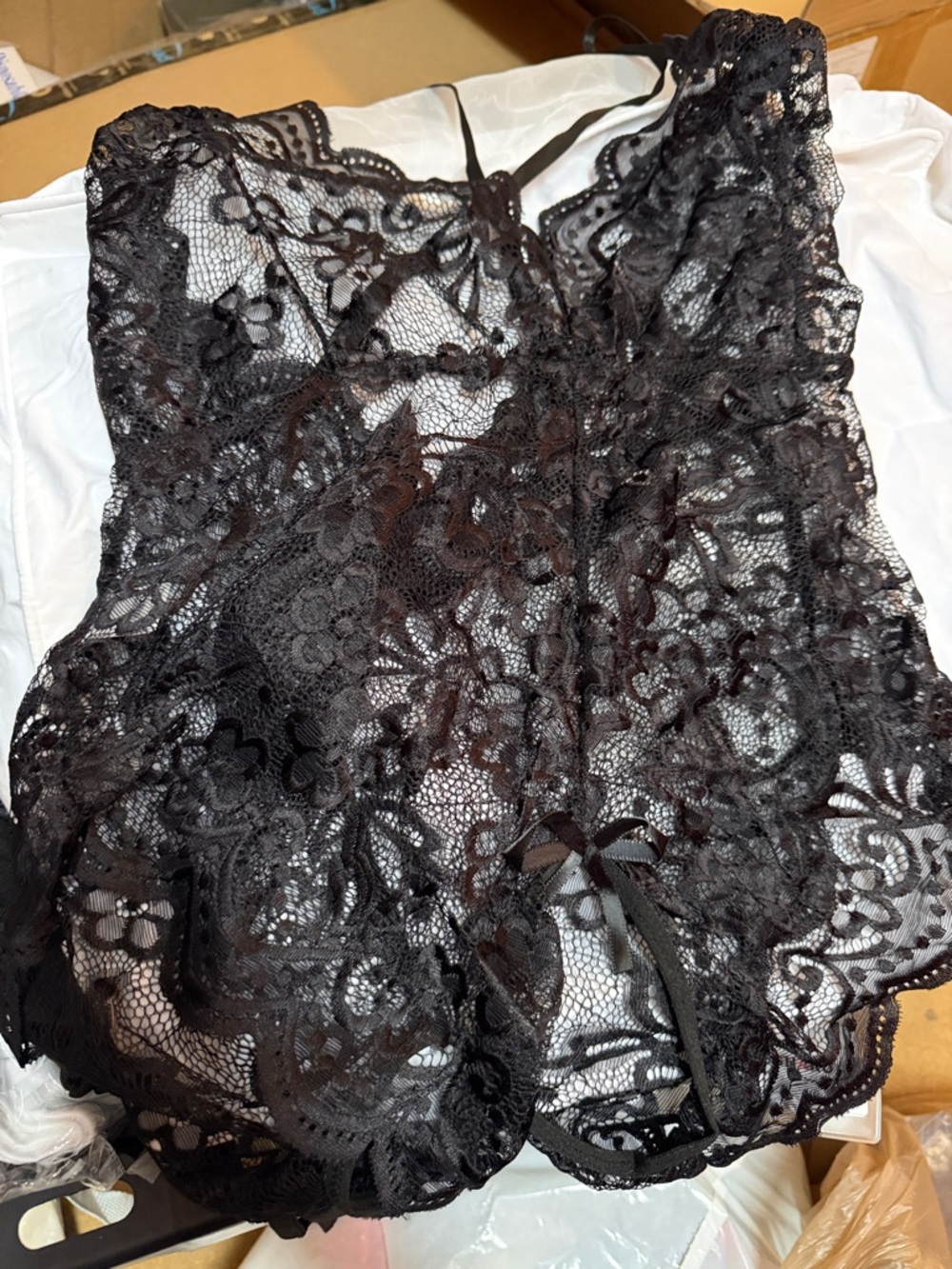 Black Soft Lace Open Crouch Bodysuit - Elegant Sheer Nightwear